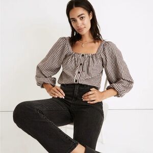 Madewell Puff-Sleeve Button-Front Crop Top in Plaid